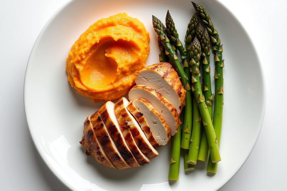 Tranches de poulet avec patates douces et asperges
