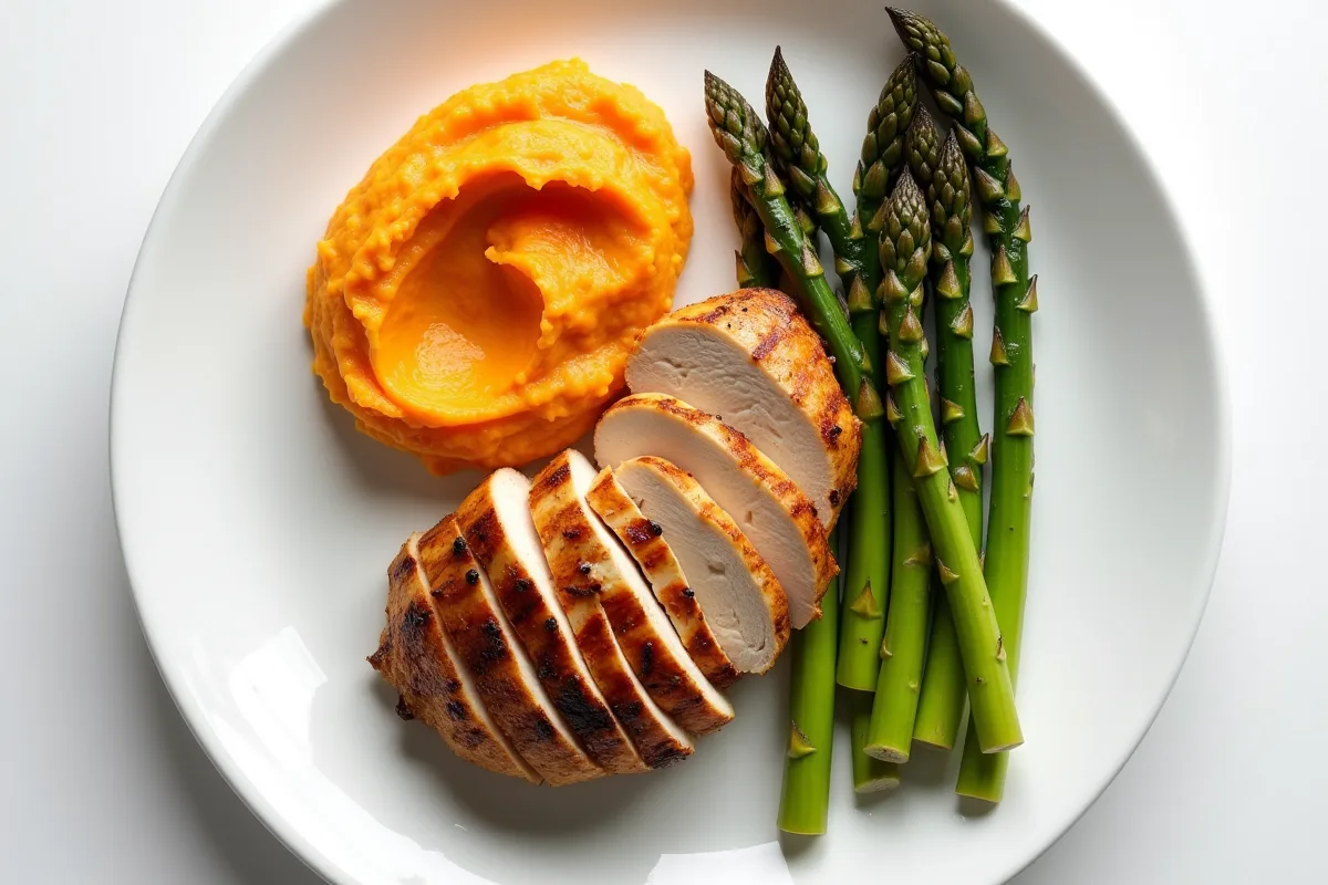 Tranches de poulet avec patates douces et asperges