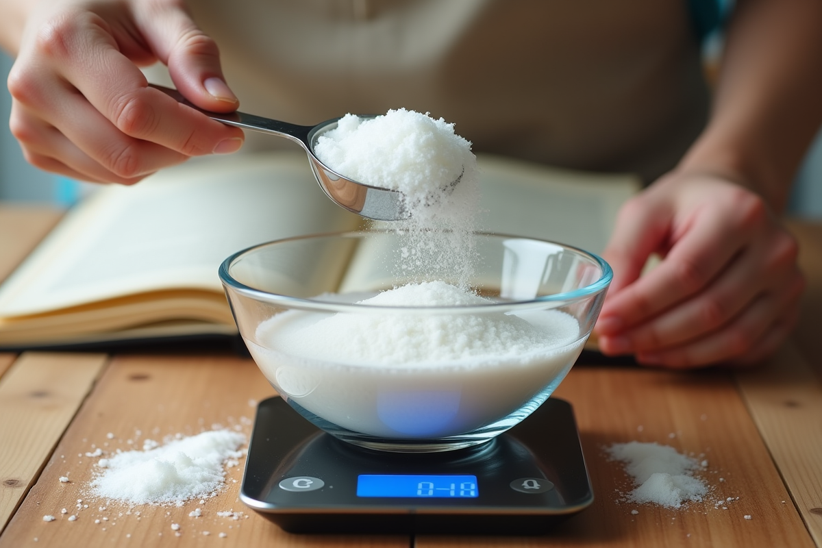 Mains transférant du sucre dans un bol sur balance avec livre de recettes