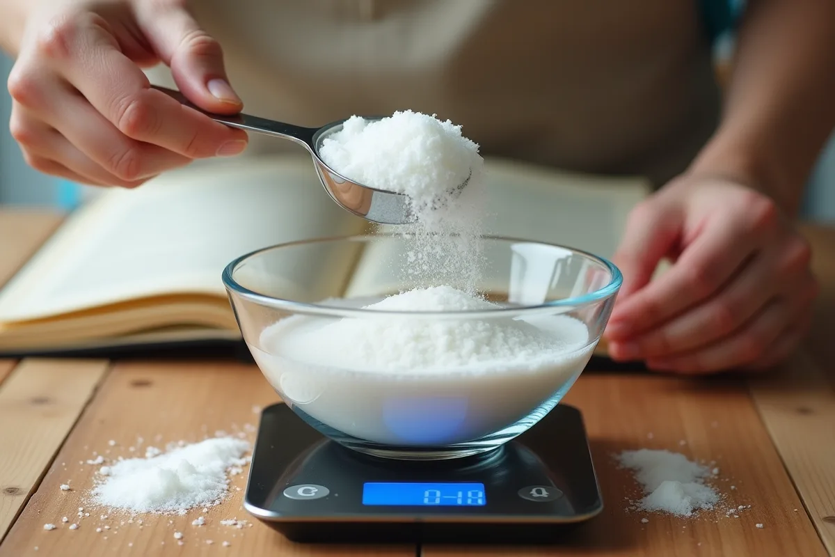 Mains transférant du sucre dans un bol sur balance avec livre de recettes