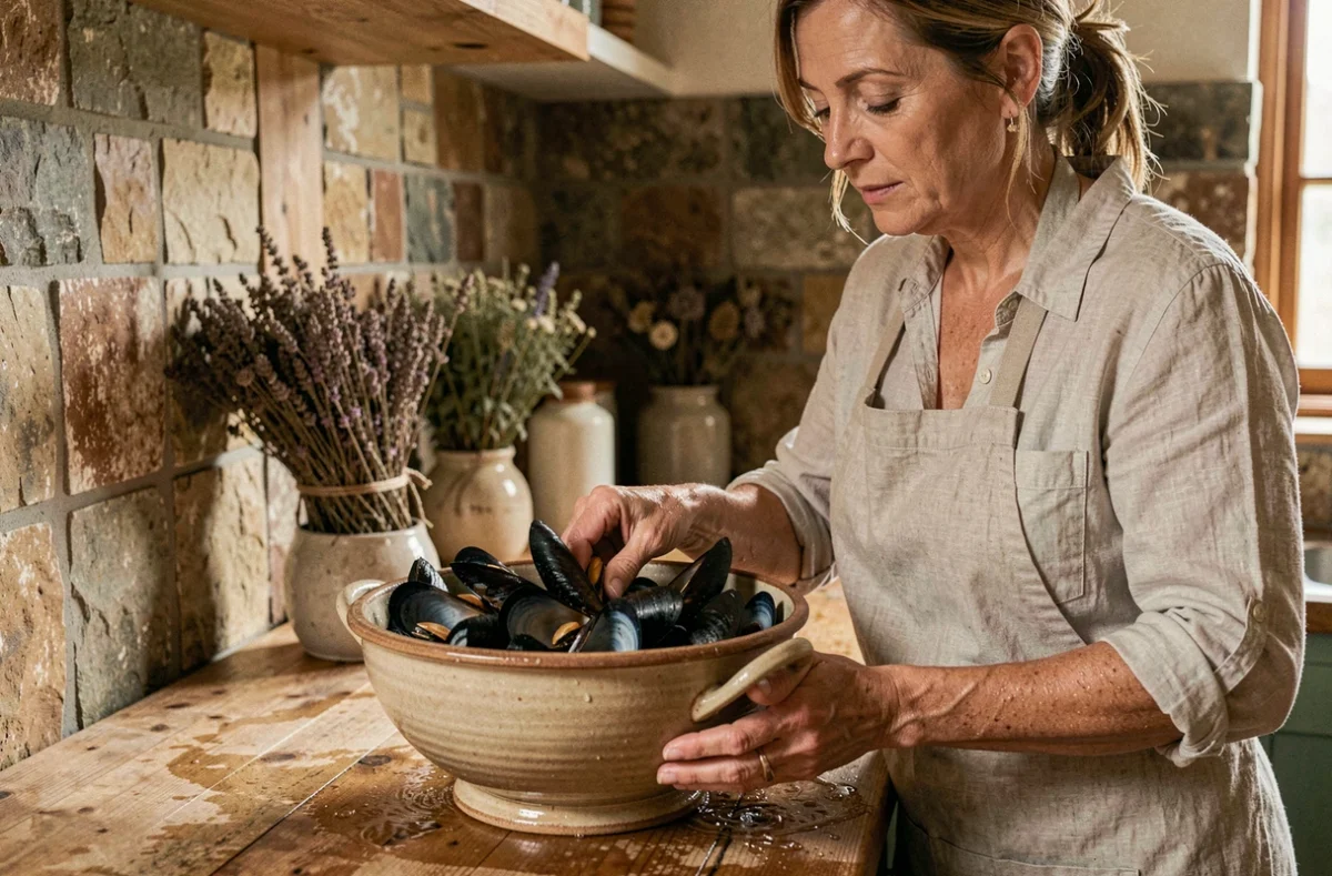 Femme triant des moules de bouchot fraîches dans une passoire en céramique dans une cuisine rustique