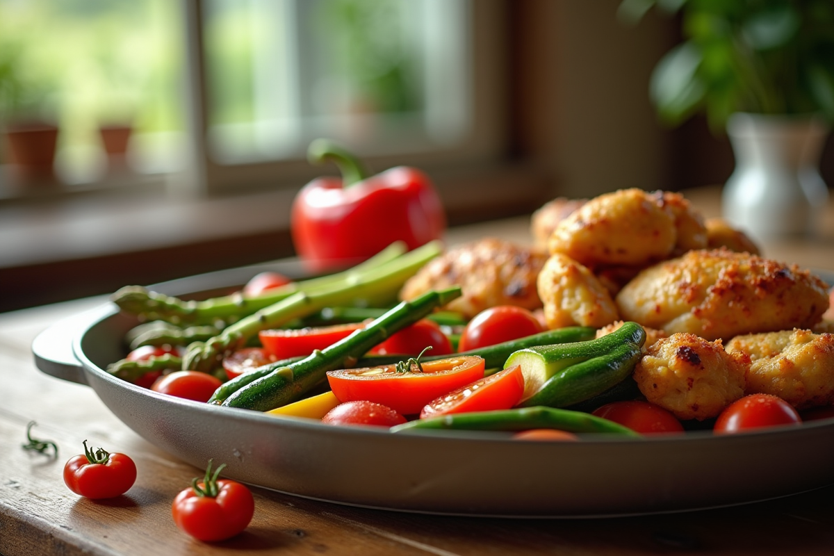 Légumes colorés avec morceaux de poulet doré sur table en bois