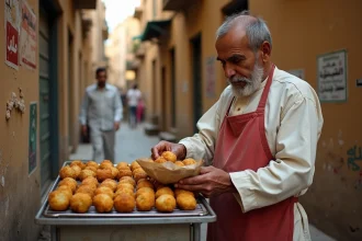Vendeur de ta'ameya égyptien dans une ruelle du Caire tenant une portion de falafel dans du papier journal