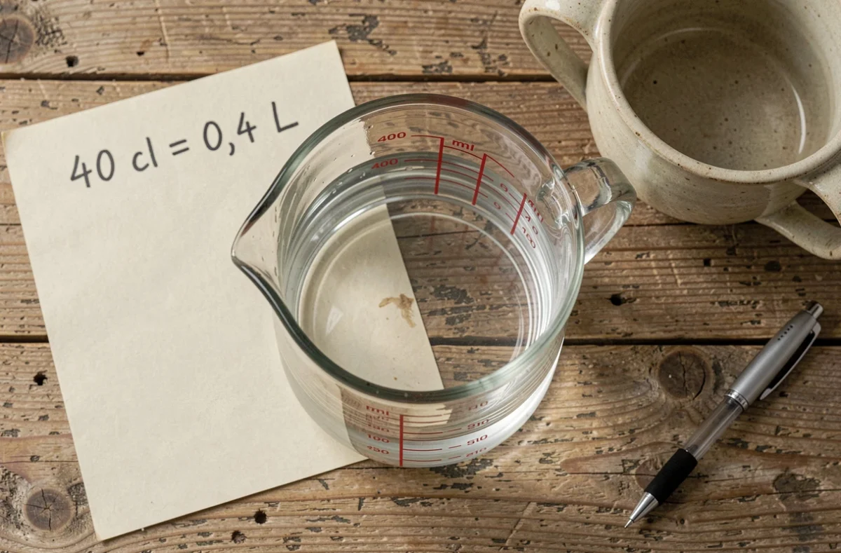 Vue aérienne d'un verre doseur transparent rempli à 40 cl posé sur une table en bois avec une note manuscrite de conversion en litres