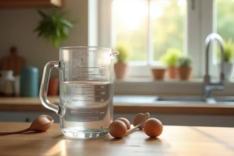 Verre mesureur rempli d'eau sur plan de travail en bois
