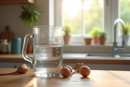 Verre mesureur rempli d'eau sur plan de travail en bois