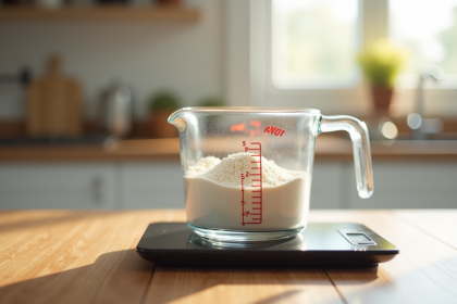 Verre mesure farine et balance de cuisine en lumière naturelle