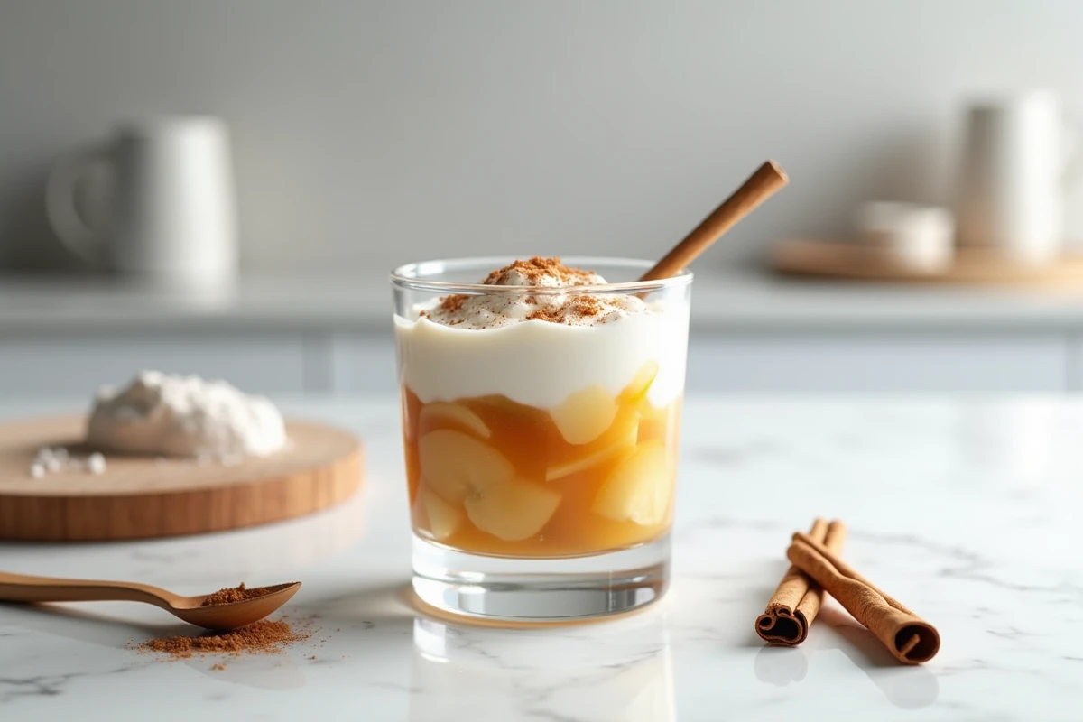 Verrine de compote de pommes sans sucre et yaourt grec pour un dessert léger à faible index glycémique