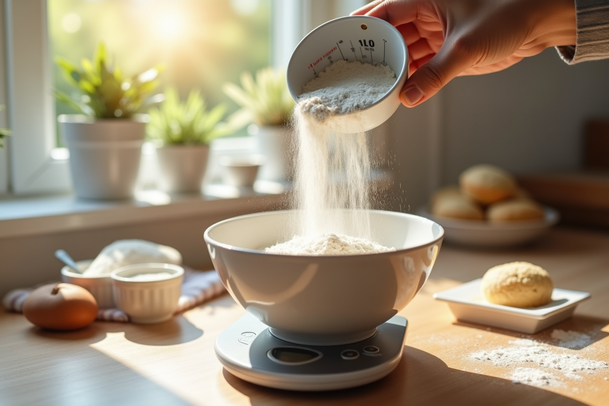 Main versant farine dans un bol sur balance en cuisine lumineuse