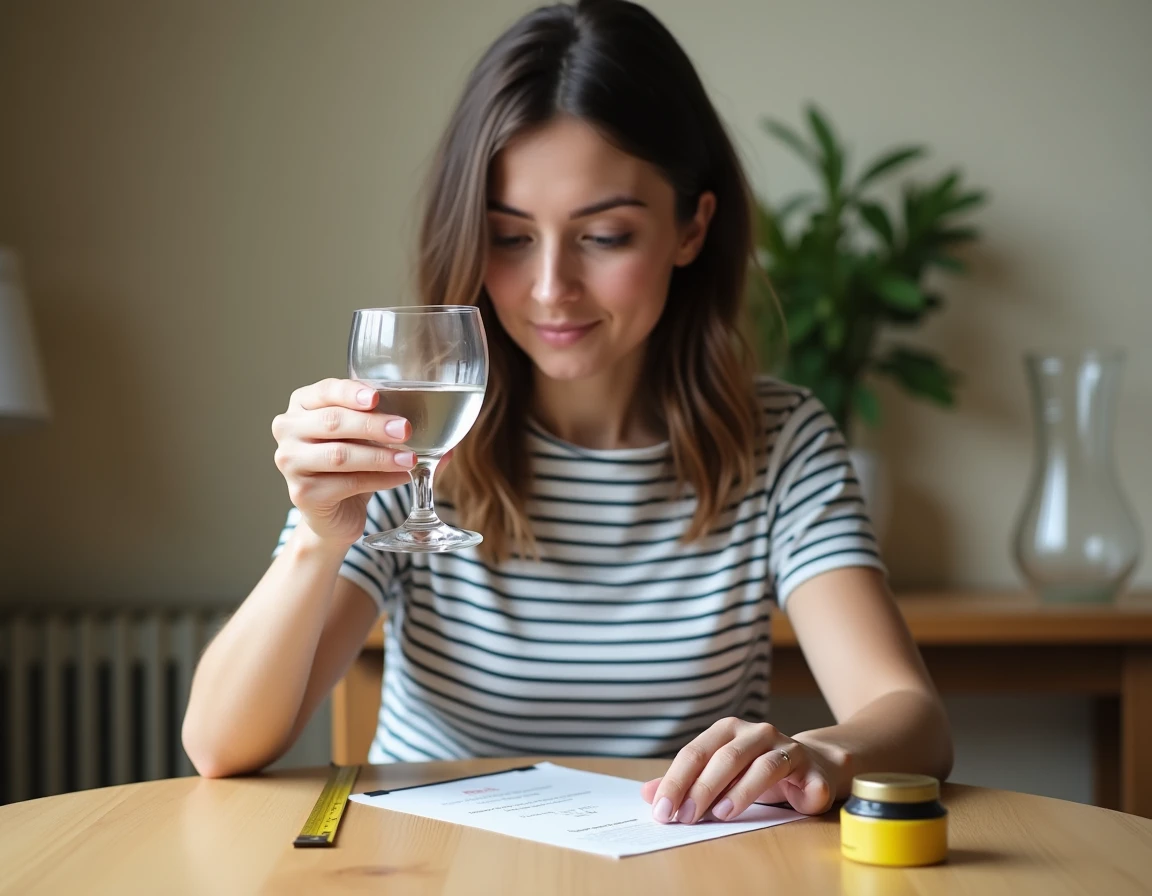 Jeune femme tenant un verre d'eau de 20cl à hauteur des yeux pour visualiser la dose standard, avec une fiche de référence posée sur une table en bois clair