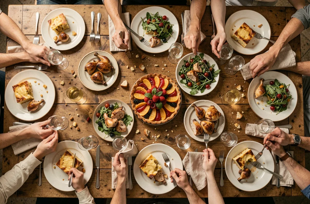 Vue aérienne d'une table de repas entre amis pour 10 couverts avec plats faits maison et atmosphère chaleureuse
