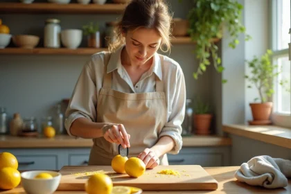 Femme râpant le zeste d'un citron frais sur une planche en bois dans une cuisine naturelle, guide anti-gaspillage du citron